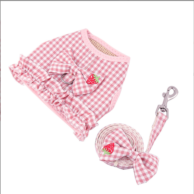 Pink Gingham Dog Harness with Strawberry Detail and Matching Leash